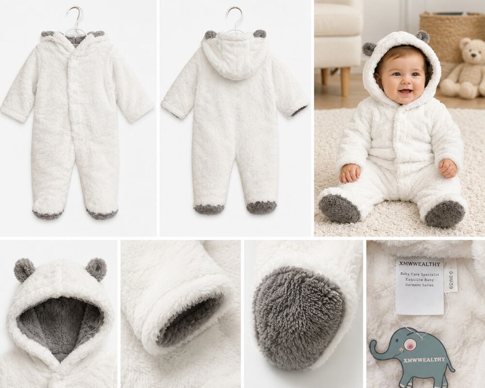 XMWEALTHY Baby Plush Hooded Bunting Suit One-Piece White Gray